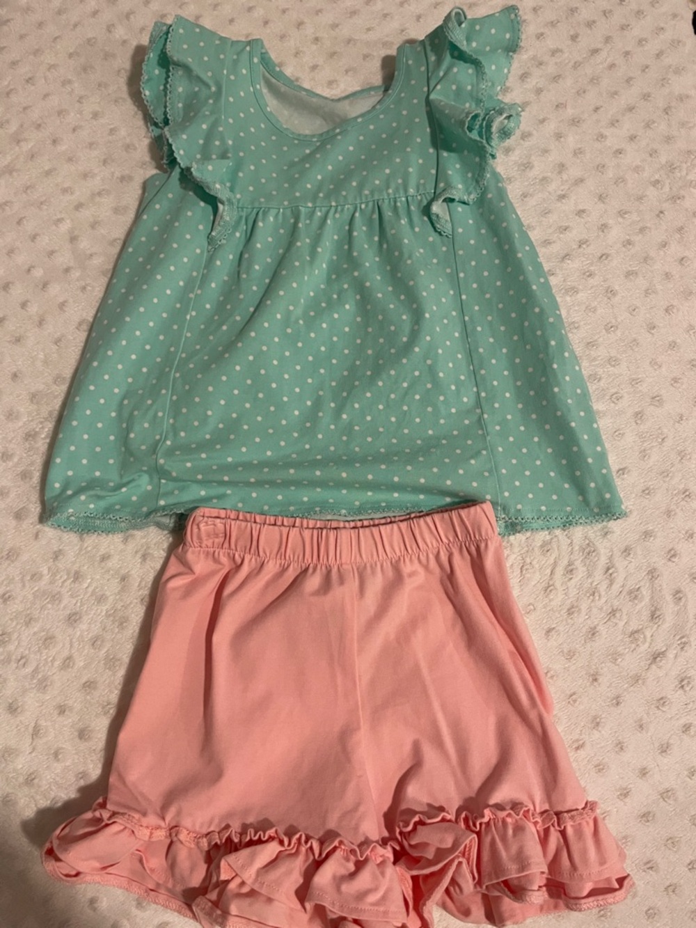 Girls Mint Polka Dot Top & Pink Ruffle Shorts Matching Set